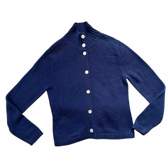 Lilly Pulitzer Sweaters - LILLY PULITZER sz Large Blue High Neck White Abalone Button Up Cardigan Cotton